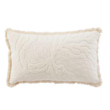 MOANA - Besticktes Kissen aus Baumwolle, ecru, mit Fransen, 30x50cm