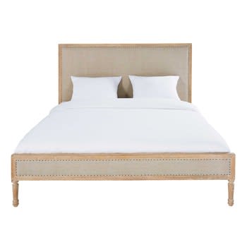 Harmony - Bett aus geweißtem Mangoholz mit leinenbezug, 160x200