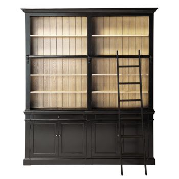 Versailles - Bibliothèque 2 portes 2 tiroirs en bois d'acacia noir et échelle noire