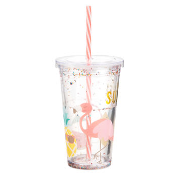 Bicchiere in plastica con stampa tropicale e paillette multicolore 0,45L
