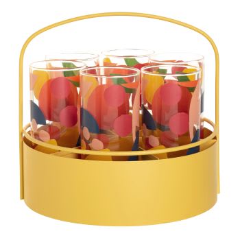 Bicchieri con motivi multicolore a tema frutta (x6) e supporto in metallo giallo chiaro