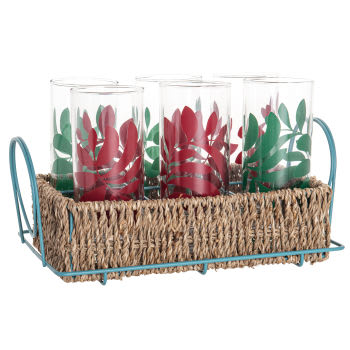 CHIMERE - Bicchieri con motivo a foglie verde e rosso (x6) e cesto in fibra vegetale e metallo
