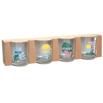 DESTINATION - Bicchieri in vetro trasparente con motivo tropicale multicolore (x4)