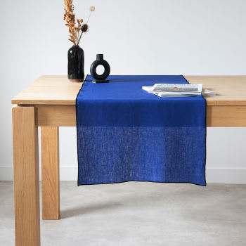 Blauwe en zwarte tafelloper uit gewassen linnen 50 x 150 cm