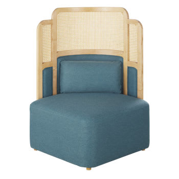 Blauwgroene fauteuil voor professioneel gebruik met hoge rugleuning en gevlochten essenhout