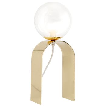 ARCHE - Bogenförmige Lampe aus goldfarbenem Flachmetall mit zweiteiligem Kugelschirm aus Glas