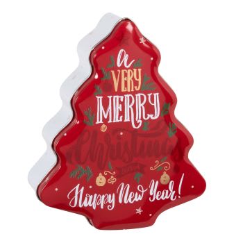 Lot de 2 - Boite à biscuits sapin en métal rouge et blanc
