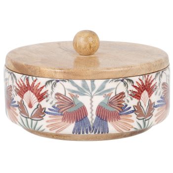NOOR - Boîte décorative en bois de manguier motifs feuillages et oiseaux multicolores
