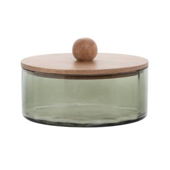 CLEO - Boite décorative ronde en verre vert et couvercle en bois de manguier