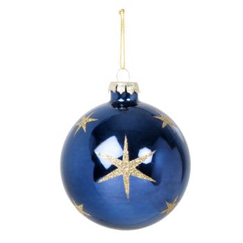 Lote de 6 - Bola de Natal em vidro azul e estrelas douradas