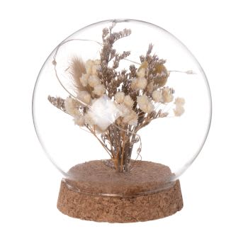 Yanes - Bola luminosa de cristal con flores secas y soporte de corcho