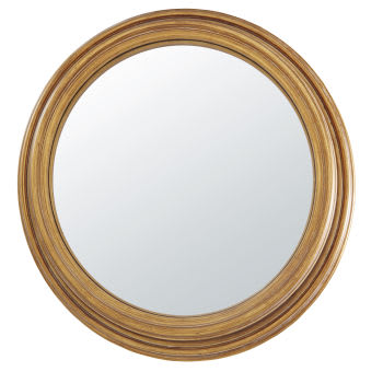 Bolvormige spiegel van paulowniahout en goudkleurig metaal met verweerd effect D88