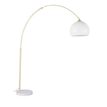 LOU - Boogvormige staande lamp van verguld metaal en wit marmer met crèmekleurige lampenkap H195