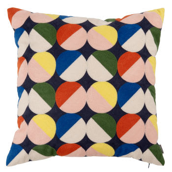 Clapton - Borduurkussen met geometrisch motief, ecru, blauw, lichtgeel, oranje, roze en groen, 45 x 45 cm