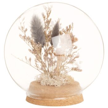 NINA - Boule en verre et fleurs séchées grises H13