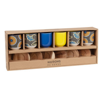 ANKARA - Box mit Tassen aus buntem Steingut, Set aus 6 mit Untertassen aus Akazienholz