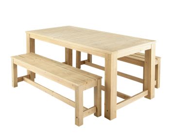 Bréhat - Ensemble table en sapin et bancs de jardin