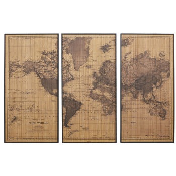 Bruin en zwart drieluik bedrukt met wereldkaart, 174 x 120 cm