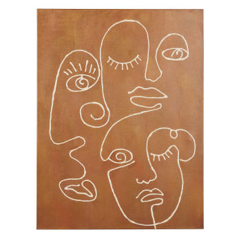 Bruin schilderij met witte abstracte gezichten 91 x 120 cm