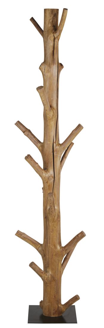 Bruine kapstok in de vorm van een boomstam uit mangoestanhout met zwart metaal