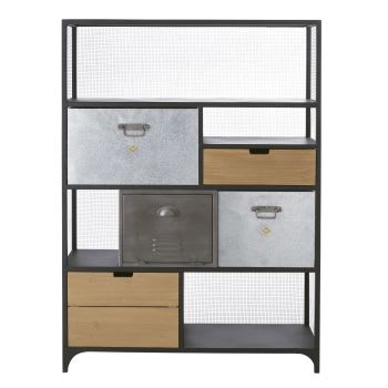 Harvey - Bücherwand im Industrial-Stil mit 4 Schubladen und 1 Tür aus Tannenholz und Metall