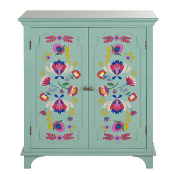 Roulotte - Buffet 2 portes bleu turquoise à motifs multicolores