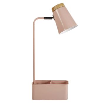 LEXIE - Bureaulamp met potloodhouder van roze metaal en rubberhout