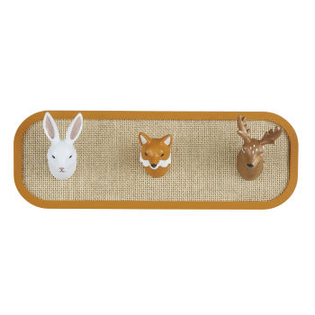 MIMIZAN - Cabide com 3 ganchos com coelho, raposa e veado em palhinha de rattan multicolor
