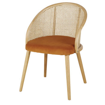 Sockette - Cadeira com apoios para braços em veludo castanho-alaranjado e palhinha de rattan em cor natural