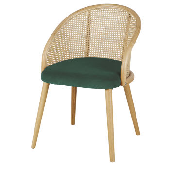 Sockette - Cadeira com apoios para braços em veludo verde e palhinha de rattan em cor natural