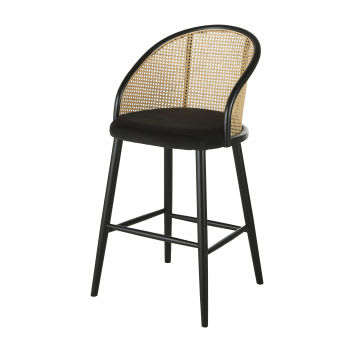Sockette - Cadeira de bar em veludo preto e palhinha de rattan H75