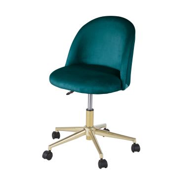 Cadeira de escritório com rodas em veludo azul-petróleo e metal cor de latão