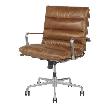 Sigmund - Cadeira de escritório com rodízios em couro de vaca acolchoado castanho