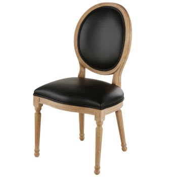 Louis - Cadeira medalhão de couro e madeira de freixo maciça preta