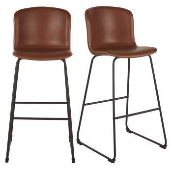 Cadeiras de bar em tecido revestido castanho com efeito de couro e metal preto (x2) A75