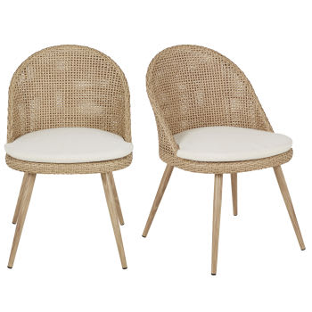 Melio - Cadeiras de jardim em palhinha de resina em imitação de rattan e almofada em cru (x2)