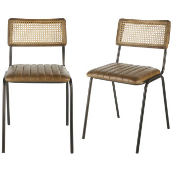 Dalston Business - Cadeiras profissionais de pele de búfalo castanha, palhinha de rattan e metal preto (x2)