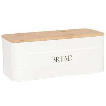 Caixa de pão em metal branco e bambu