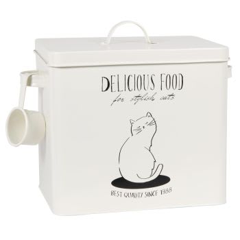 Caja de comida para mascotas con diseño de gato y letras