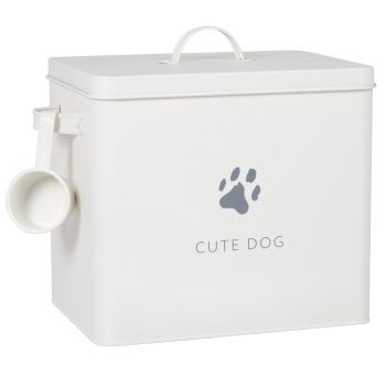 Caja de comida para mascotas de hierro blanco y gris