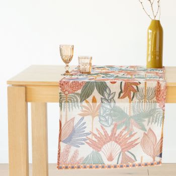 DARA - Camino de mesa en voile de algodón orgánico con estampado de follaje multicolor 50x150