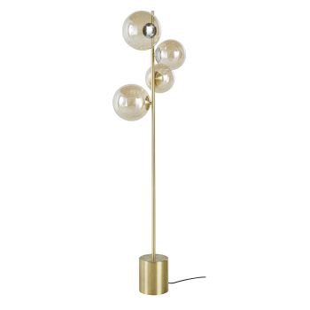 Candeeiro de pé em metal dourado com 4 globos em vidro âmbar A150