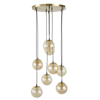Candeeiro de teto em metal dourado com 8 globos em vidro âmbar