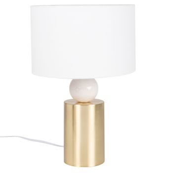 Candeeiro em metal dourado e vidro, abajur em linho reciclado branco