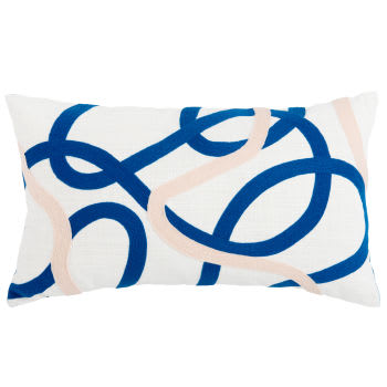 SOUAM - Capa de almofada branca bordada com motivo azul e rosa-pálido 50x30