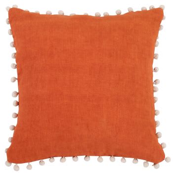 Kassita - Capa de almofada em algodão e linho com pompons laranja 40x40