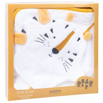 SAMBA - Capa de banho de bebé de algodão branca com cabeça de tigre amarelo-mostarda e preta