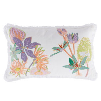CECILIA - Cuscino in cotone e lino ricamati con stampa floreale multicolore e frange 30x50 cm