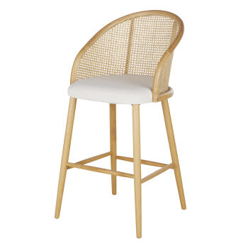 Sockette - Chaise de bar écrue en bois de hêtre et cannage en rotin beige H75