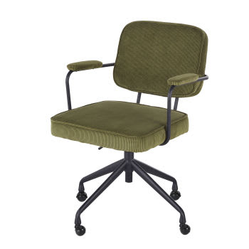 Matheo - Chaise de bureau réglable à roulettes en velours côtelé vert